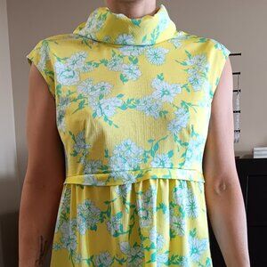Vintage Floral Dress Yellow Green White Mini Mod Shift 2 Necklines Dagger 60s
